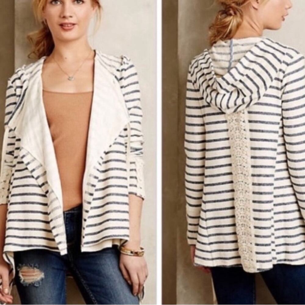 Anthropologie-Saturday Sunday Womens XS Striped Cardigan Hood Layered Lace Boho